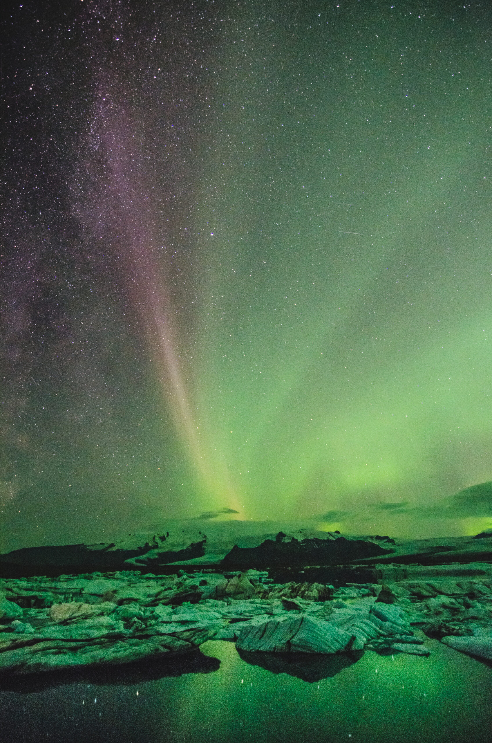 Northern lights over the ice lagoon, Iceland